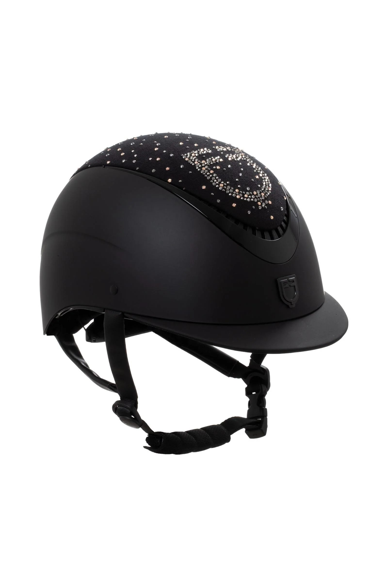 matowy kask jeździecki z wąskim daszkiem i logo ze strassów, certyfikat EN 1384:2023 Black/Black Shiny 52-54