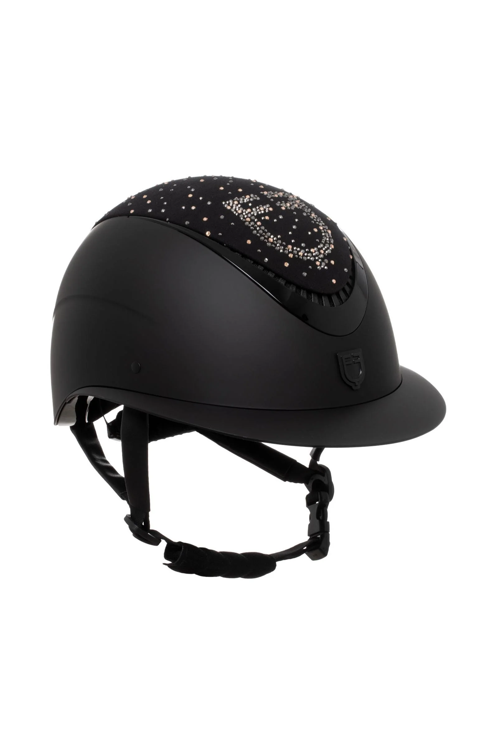 matowy kask jeździecki z szerokim daszkiem i logo ze strassów, certyfikat EN 1384:2023 Black/Black Shiny 52-54