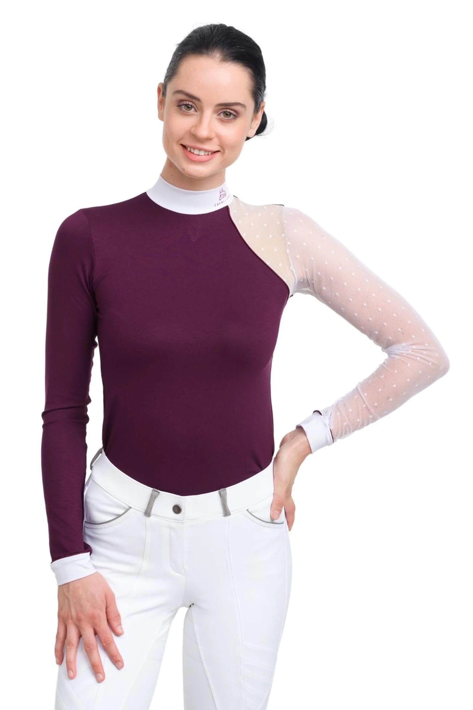 Modern Dame koszula konkursowa, damski długi rękaw Burgundy/White/Burgundy M