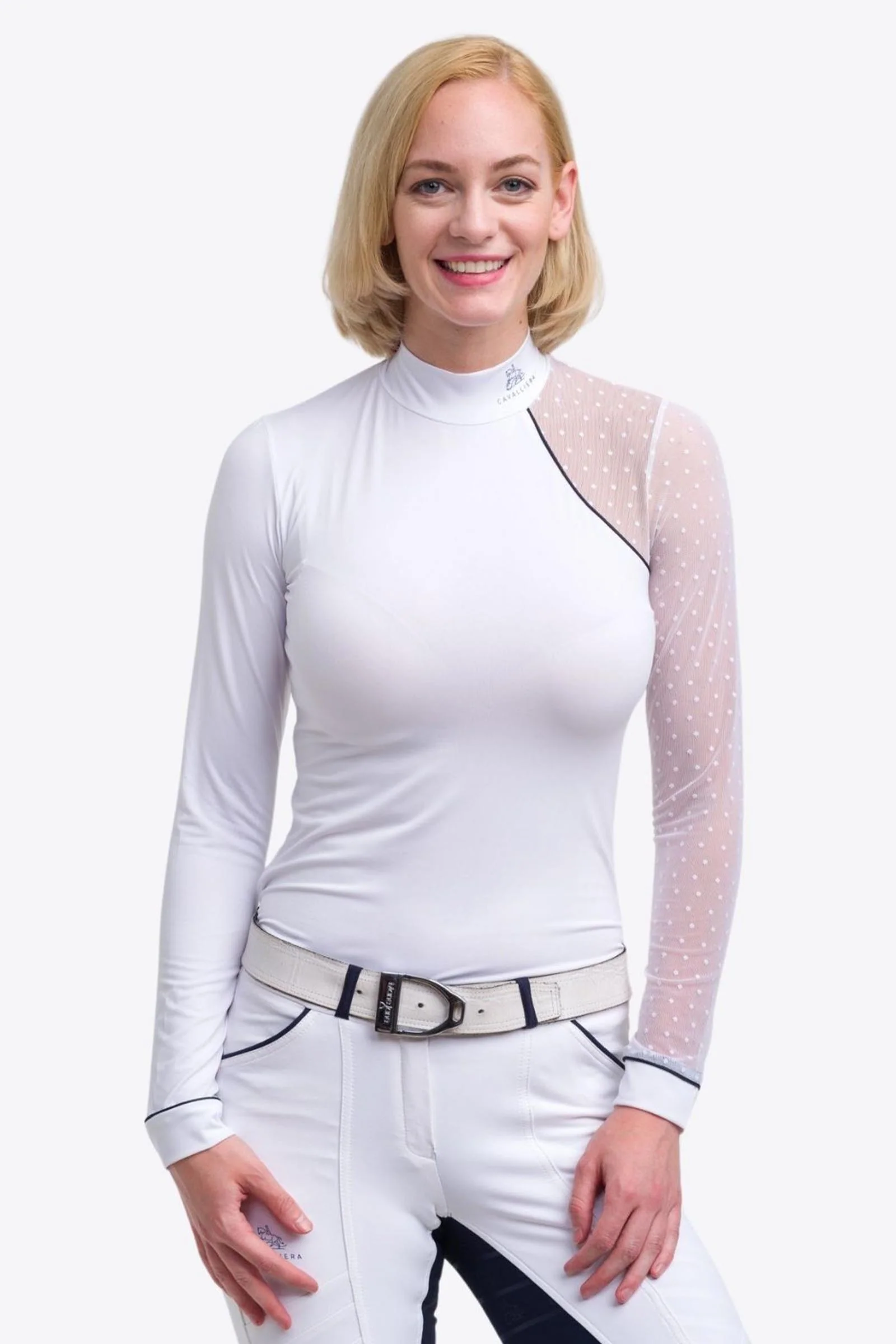 Modern Dame koszula konkursowa, damski długi rękaw White/White/Navy Blue XXL
