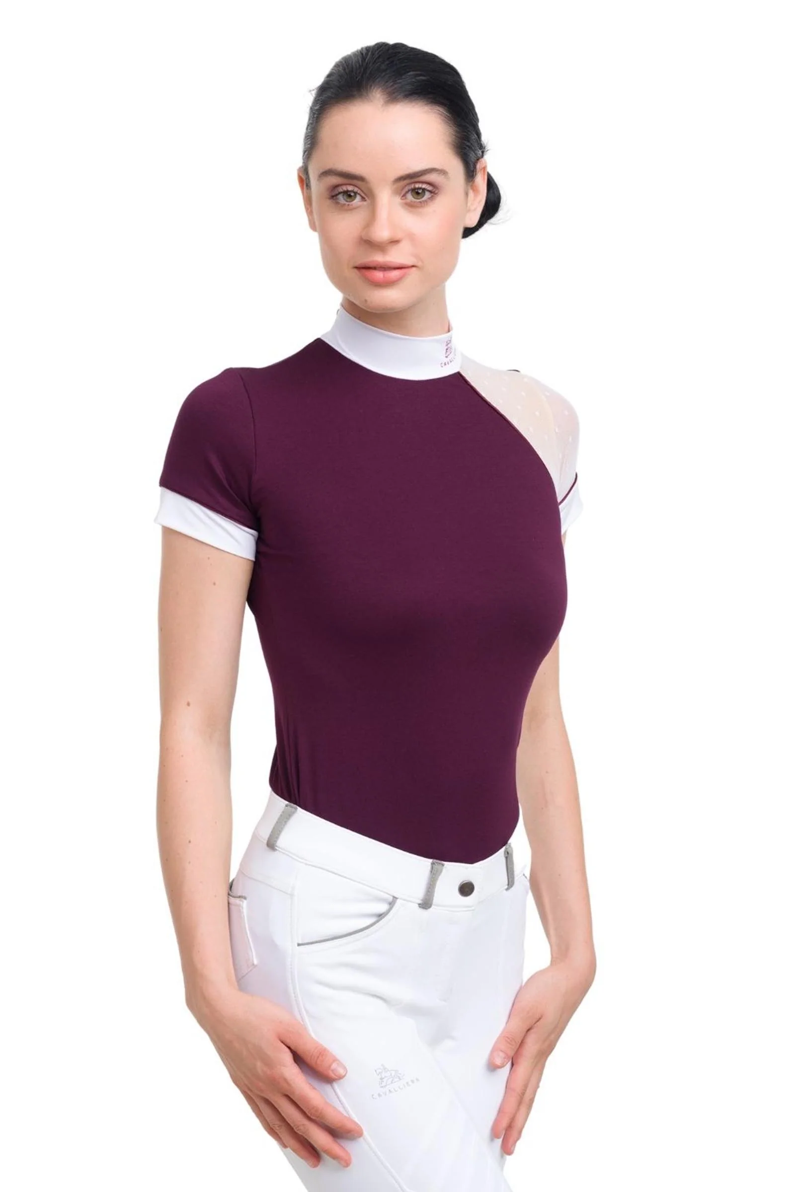 Modern Dame koszula konkursowa, damski krótki rękaw Burgundy/White/Burgundy XXL