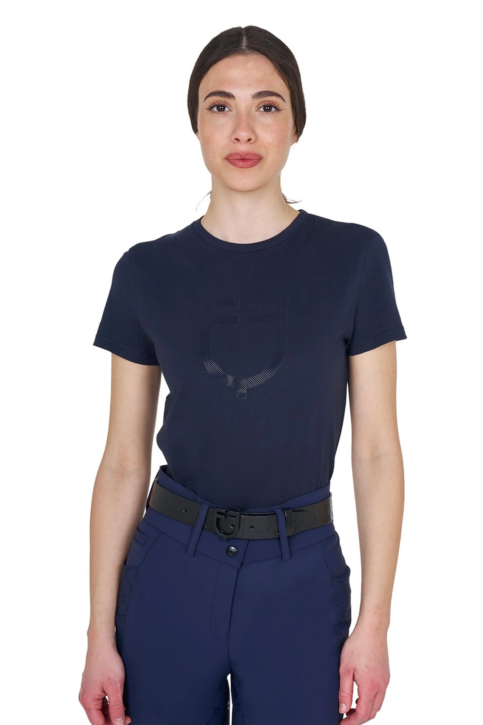 SS2026 Damski bawełniany T-shirt z błyszczącym logo Navy L